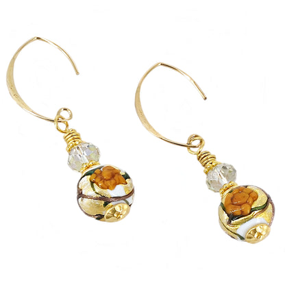 Orange Floral Round Bead Murano Glass Drop Earrings with Austrian Crystal on Gold-Filled Earring Wires  