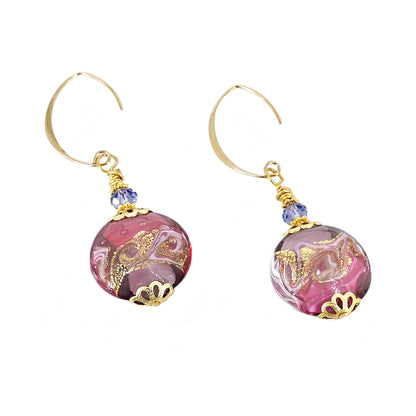 Pink Swirl Lentil Italian Bead Earrings with Austrian Crystals on Gold-Filled Earrings  