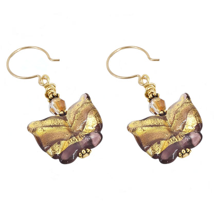 Amethyst and Gold Butterfly Murano Glass Bead Earrings with Austrian Crystal  