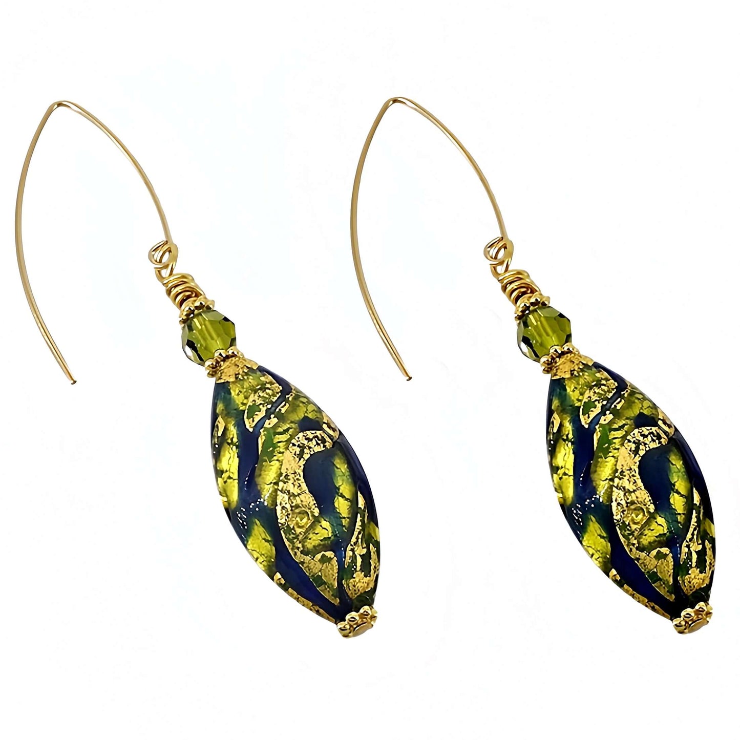 Long Green Oval Murano Glass Earrings with Austrian Crystal on Gold Filled Earwires  