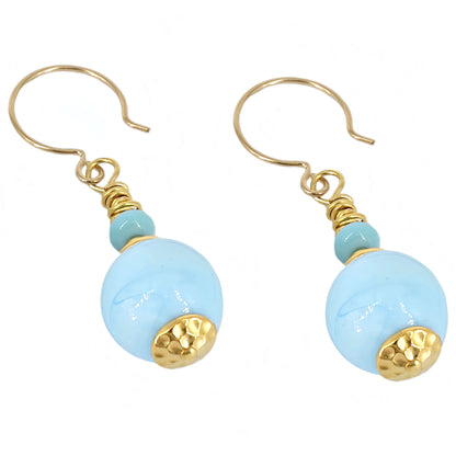 Turquoise Blue Murano Glass Bead Earrings with Austrian Crystals on Gold Filled Earring Wires  