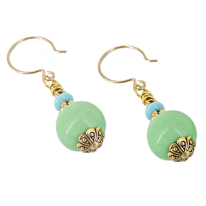 Ocean Green Italian Murano Glass Bead Earrings with Austrian Crystals on Gold Filled Earring Wires  