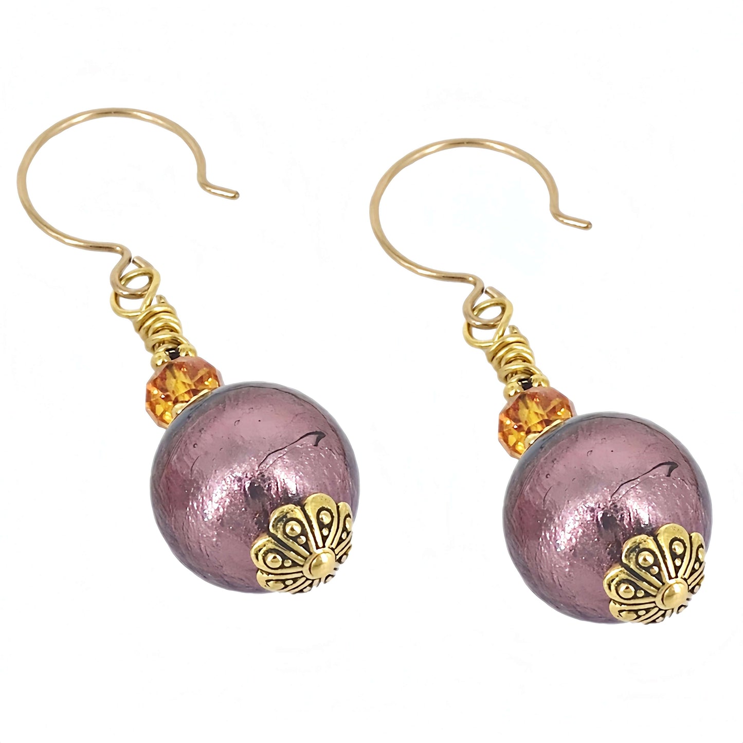 Purple Round Venetian Glass Earrings with Austrian Crystals on Gold Filled Earring Wires  