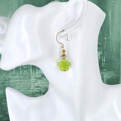 Green Floral Venetian Bead Earrings with Austrian Crystal on Gold Filled Earring Wires  