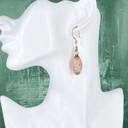 Pink Oval Italian Bead Earrings With Pink Austrian Crystal on Gold-Filled Earring wire  