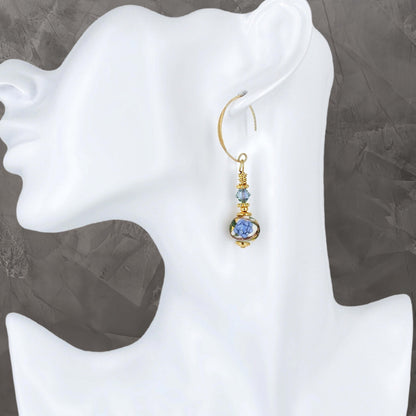 Blue Floral Round Bead Murano Glass Drop Earrings with Austrian Crystal on Gold-Filled Earring Wires  