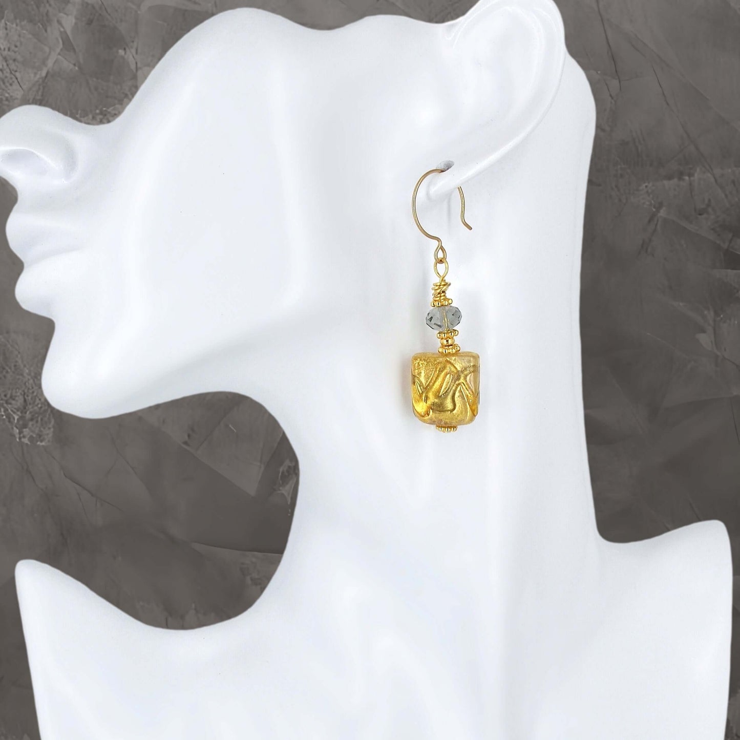 Gold Square Murano Glass Beaded Dangle Earrings with Austrian Crystal on Gold-Filled Earring Wires  