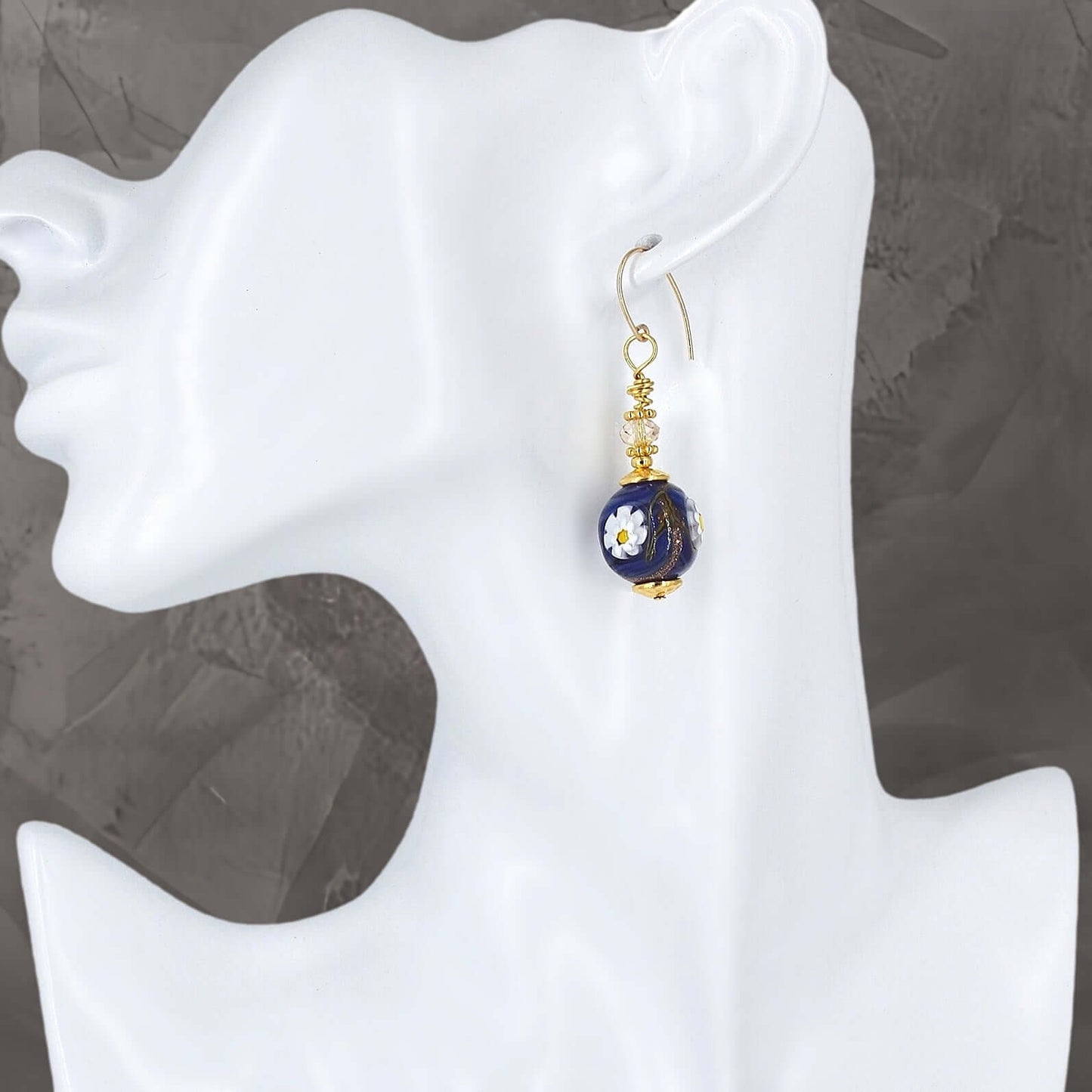 Blue Round Millefiori Italian Bead Earrings with White Floral on Gold-Filled Earring Wires  