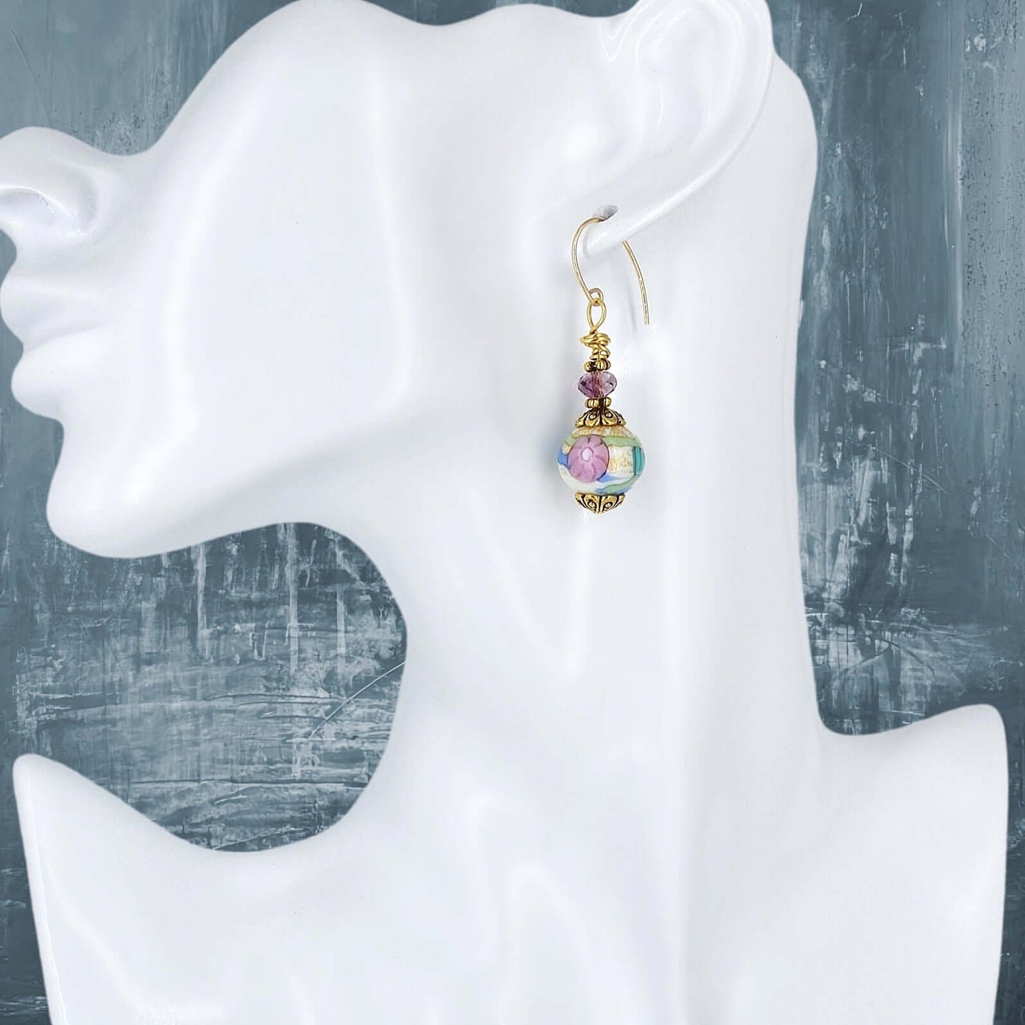 Stunning Millefiori Floral Earrings with Austrian Crystal and Gold Filled Ear Wires  