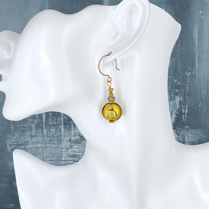 Modern Venetian Bead Dangle Earrings with Smoky Austrian Crystal on Gold Filled Earring Wires  