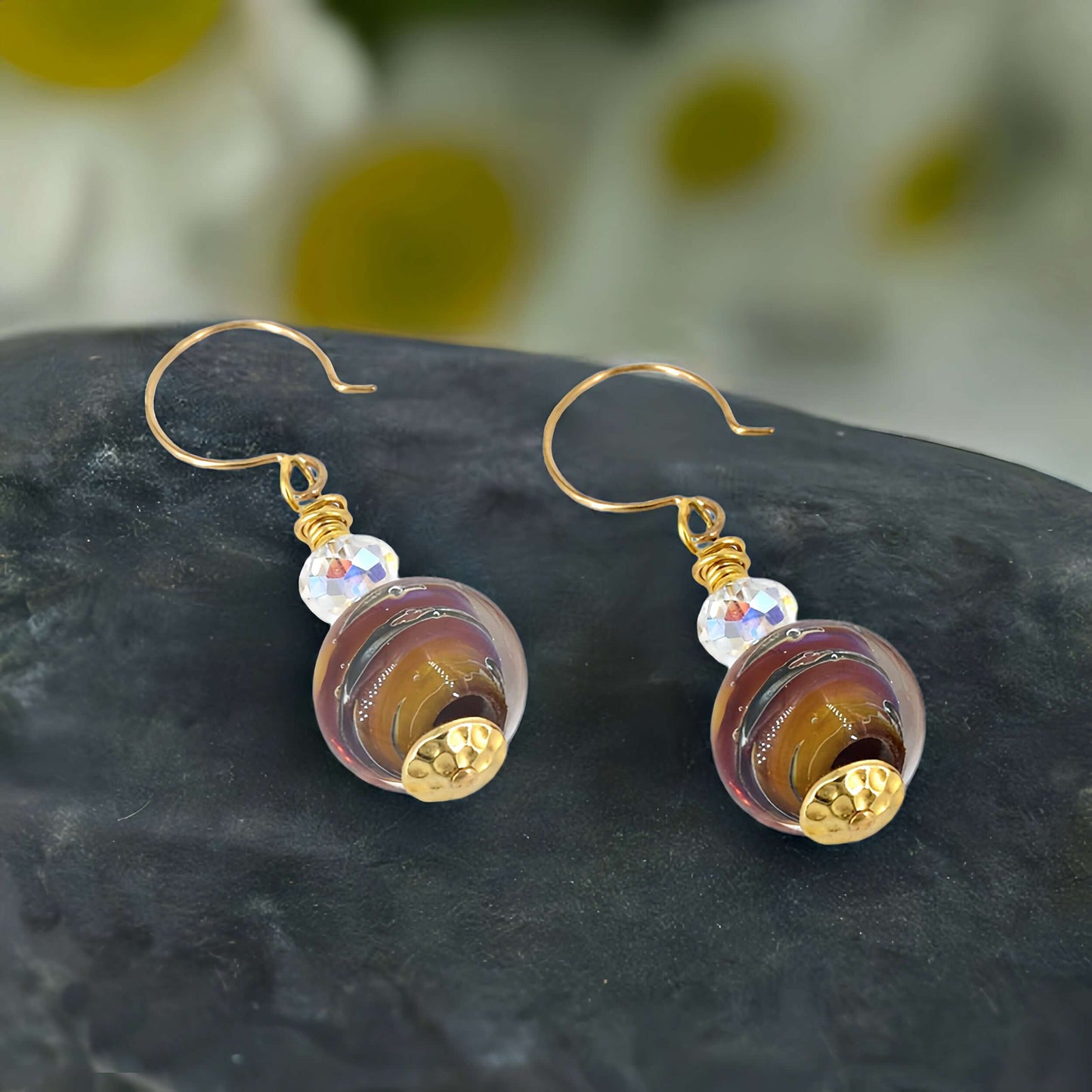 Multicolor Earthen Swirl Moretti Glass Bead Earrings with Austrian Crystals on Gold Filled Earring Wires  