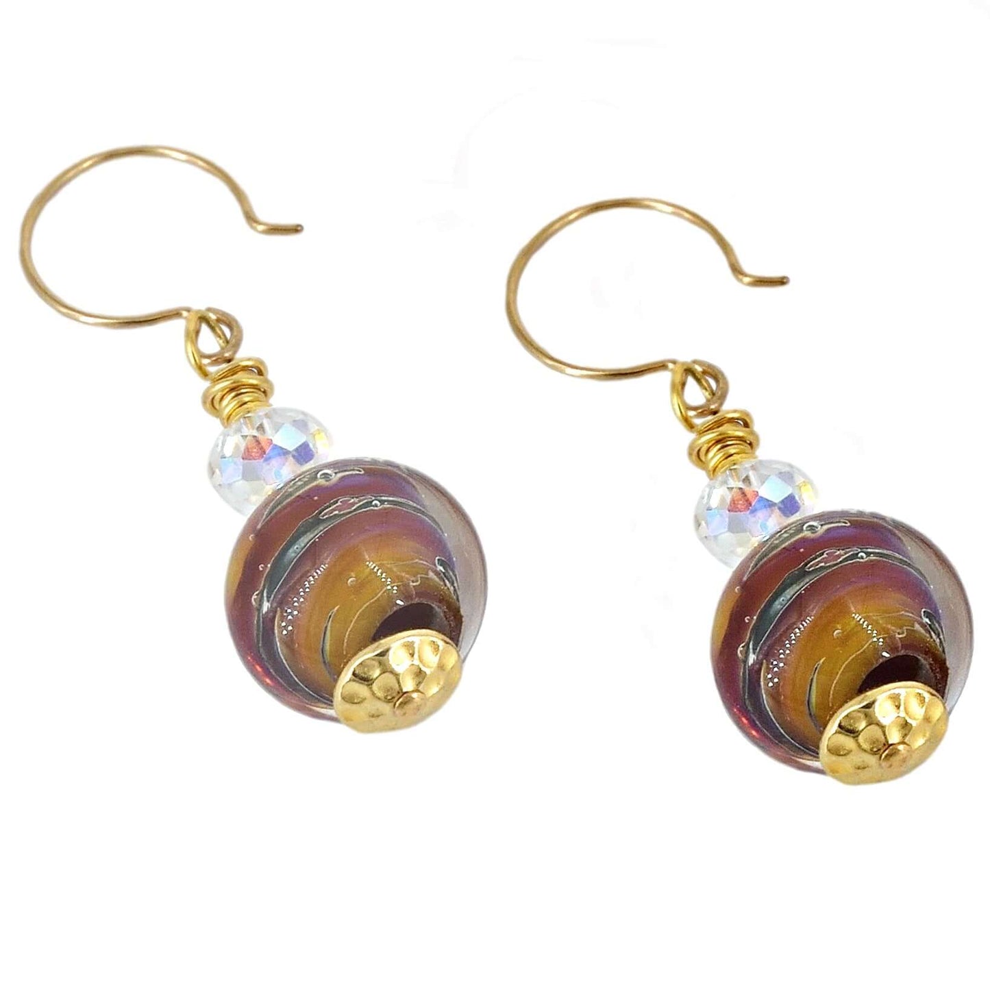 Multicolor Earthen Swirl Moretti Glass Bead Earrings with Austrian Crystals on Gold Filled Earring Wires  