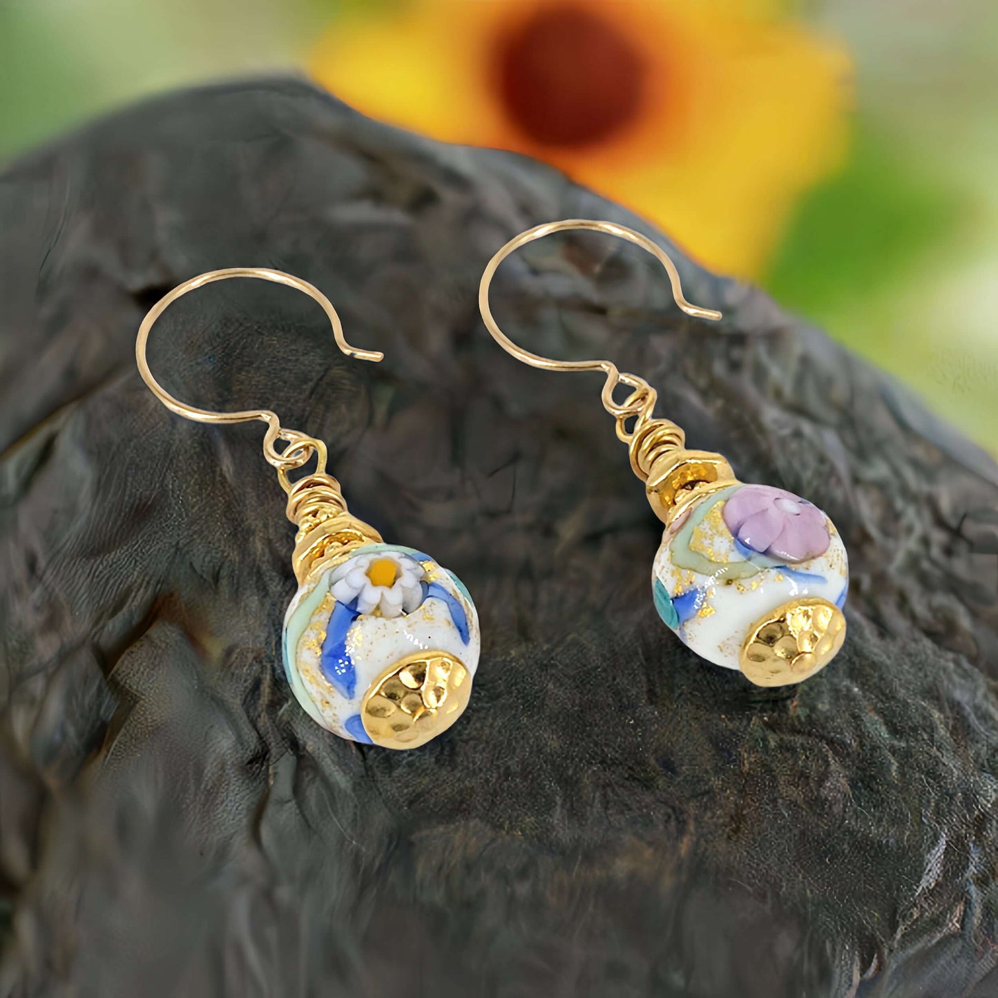 Multicolor Floral Murano Glass Earrings with Austrian Crystals on Gold Filled Earring Wires  