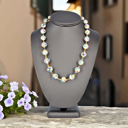 Feminine Multi-Color Floral Millefiori Murano Glass Bead Necklace with Austrian Crystals  