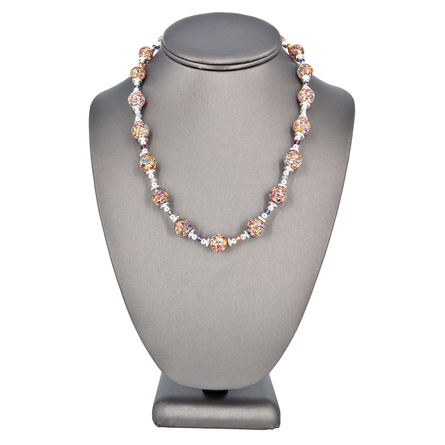 Contemporary Multi-Color Contemporary Round Italian Murano Glass Ball Bead Necklace with Sterling Silver Clasp  