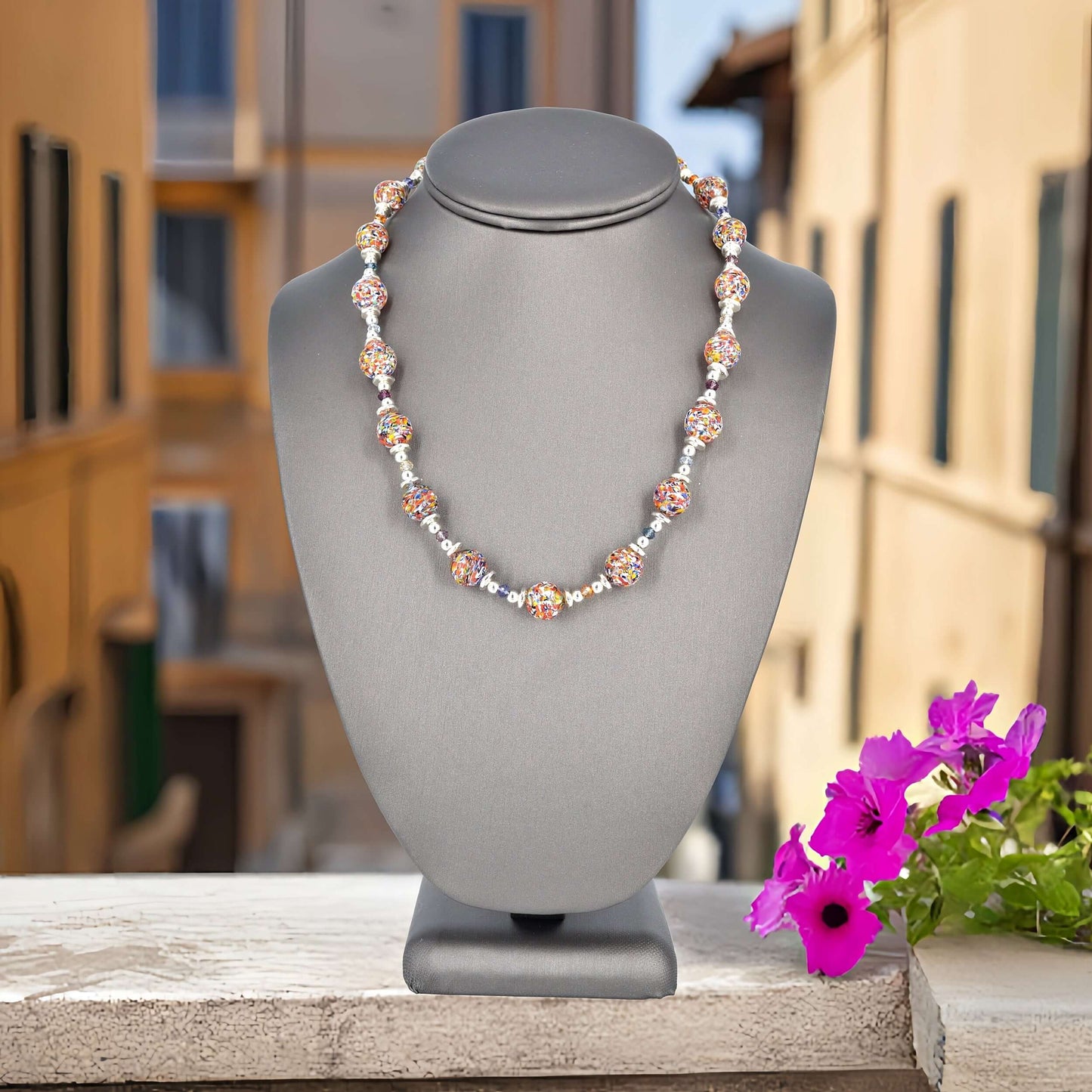 Contemporary Multi-Color Contemporary Round Italian Murano Glass Ball Bead Necklace with Sterling Silver Clasp  