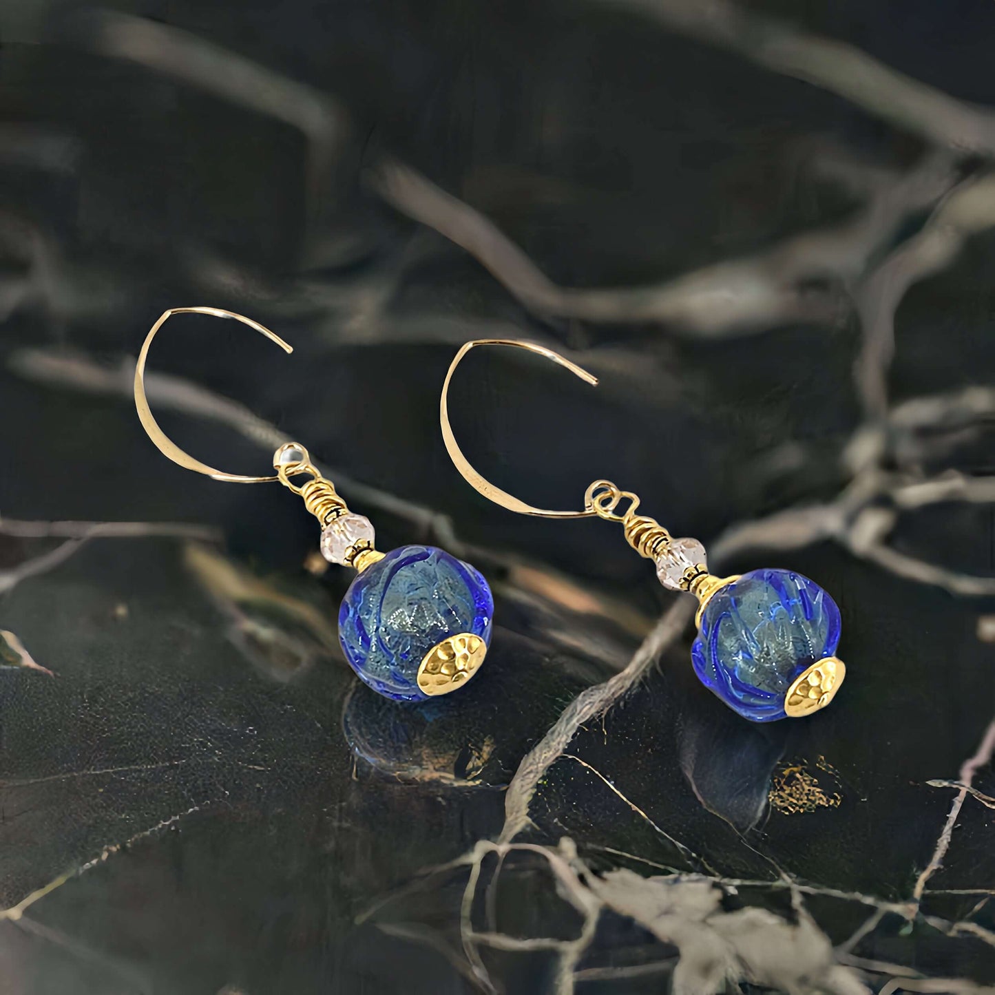 Glacier Blue Italian Glass Earrings with Austrian Crystals and Gold Filled Earring Wires  