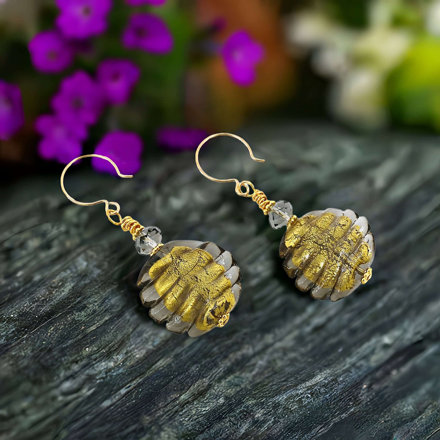 Gold and Gray Wavy Murano Glass Earrings with Austrian Crystals on Gold Filled Earring Wires  