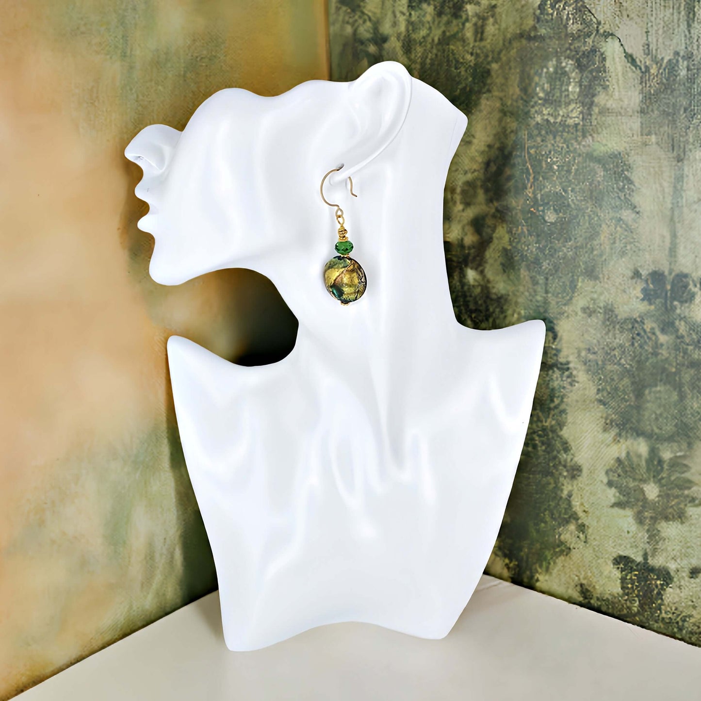 Green Murano Glass Bead Earrings with Austrian Crystals on Gold Filled Earring Wires  