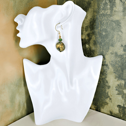 Green Murano Glass Bead Earrings with Austrian Crystals on Gold Filled Earring Wires  