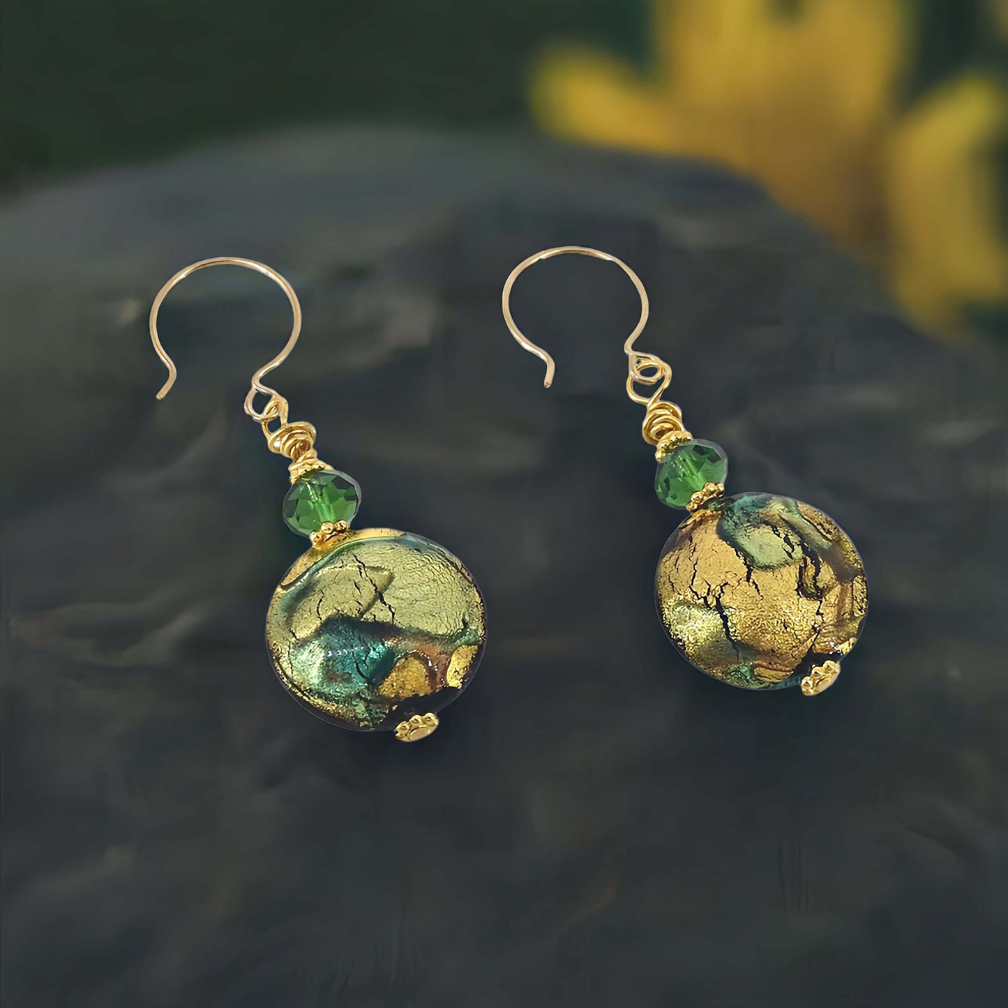 Green Murano Glass Bead Earrings with Austrian Crystals on Gold Filled Earring Wires  