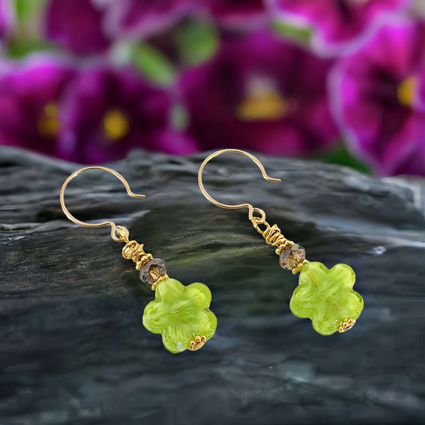 Green Floral Venetian Bead Earrings with Austrian Crystal on Gold Filled Earring Wires  