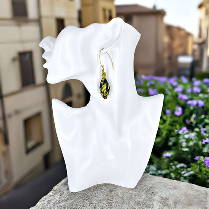 Long Green Oval Murano Glass Earrings with Austrian Crystal on Gold Filled Earwires  