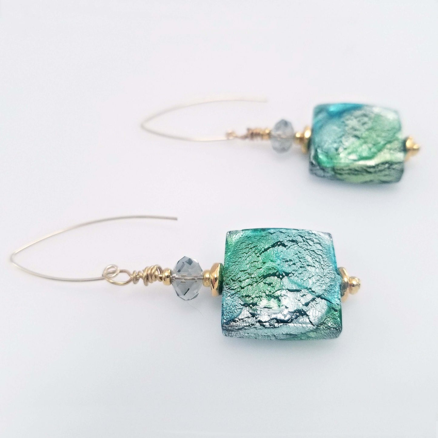 Green and Blue Large Square Murano Glass Bead Earrings with Austrian Crystals on Gold Filled Earring Wires  