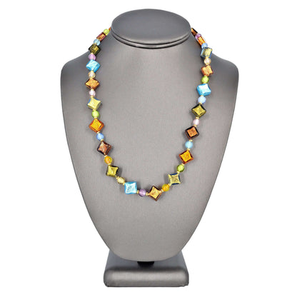 Multi-Color Harlequin Style Murano Glass Beaded Necklace with Gold Filled Clasp  