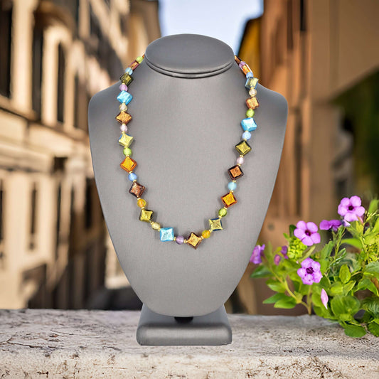 Multi-Color Harlequin Style Murano Glass Beaded Necklace with Gold Filled Clasp  