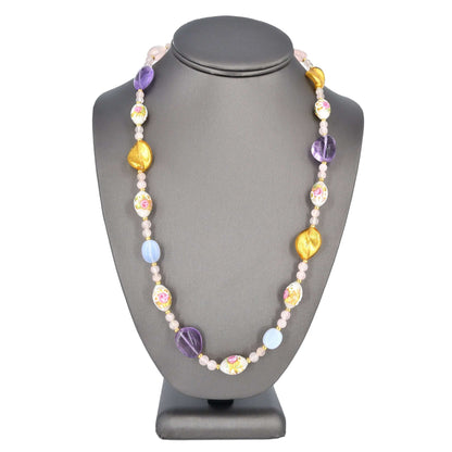 Multi-Color Venetian Bead Necklace with Rose Quartz, Blue Calcedony and Apatite  