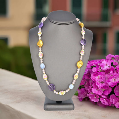 Multi-Color Venetian Bead Necklace with Rose Quartz, Blue Calcedony and Apatite  