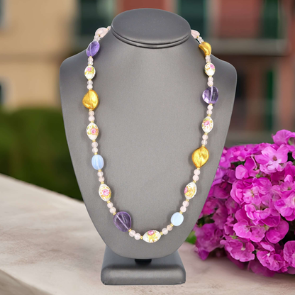 Multi-Color Venetian Bead Necklace with Rose Quartz, Blue Calcedony and Apatite  