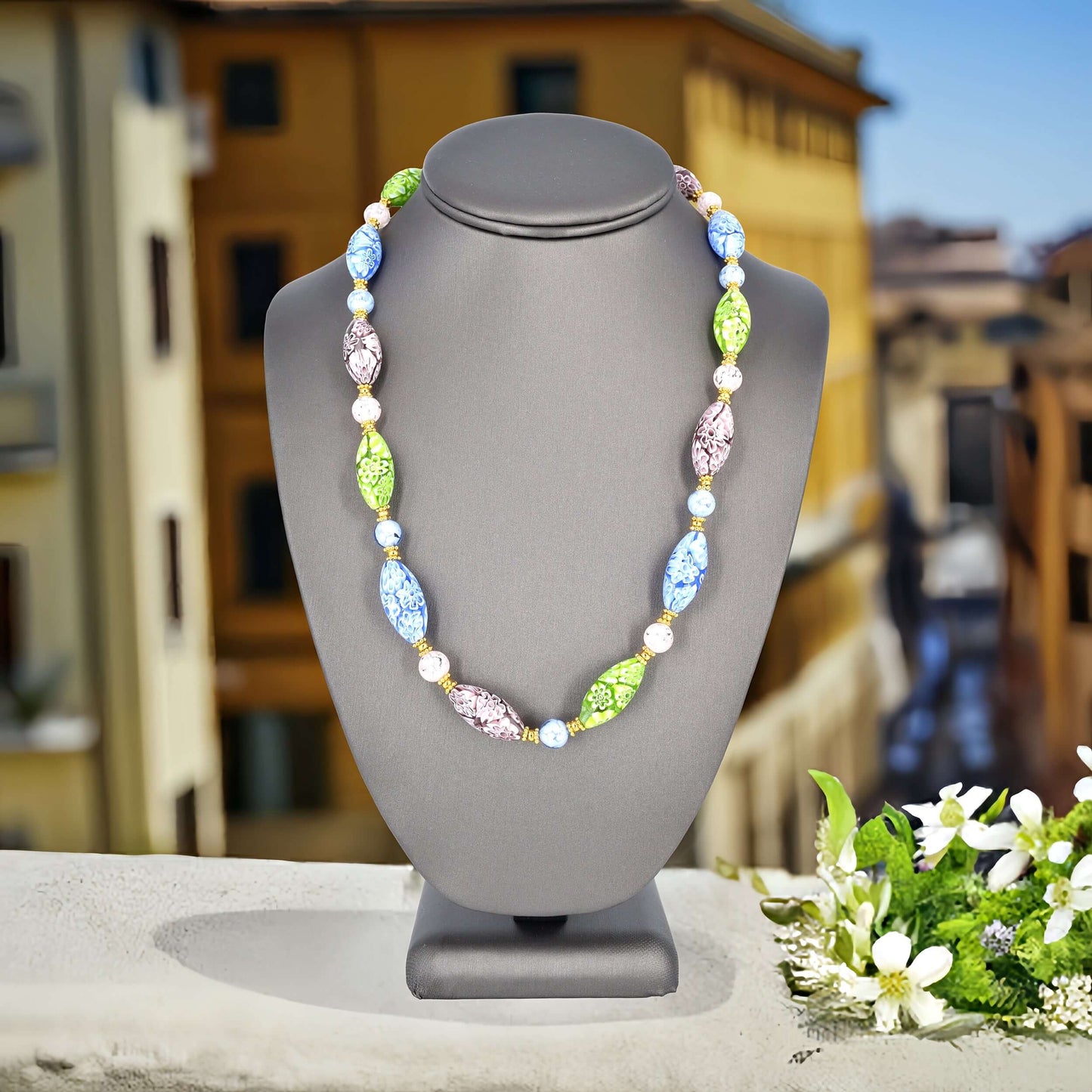 Multi-Color Blue, Green, Amethyst Large Oval Murano Glass Beaded Necklace - Gold Filled Clasp  