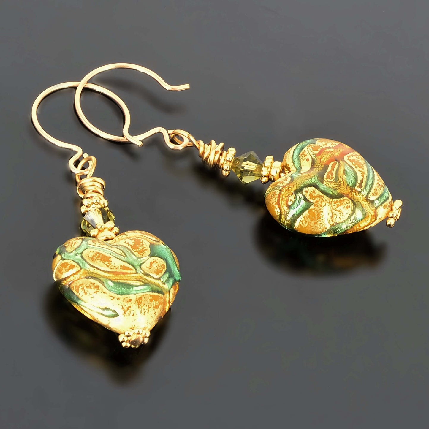 Gold and Green Murano Glass Beaded Heart Earrings with Austrian Crystals on Gold Filled Earrings  