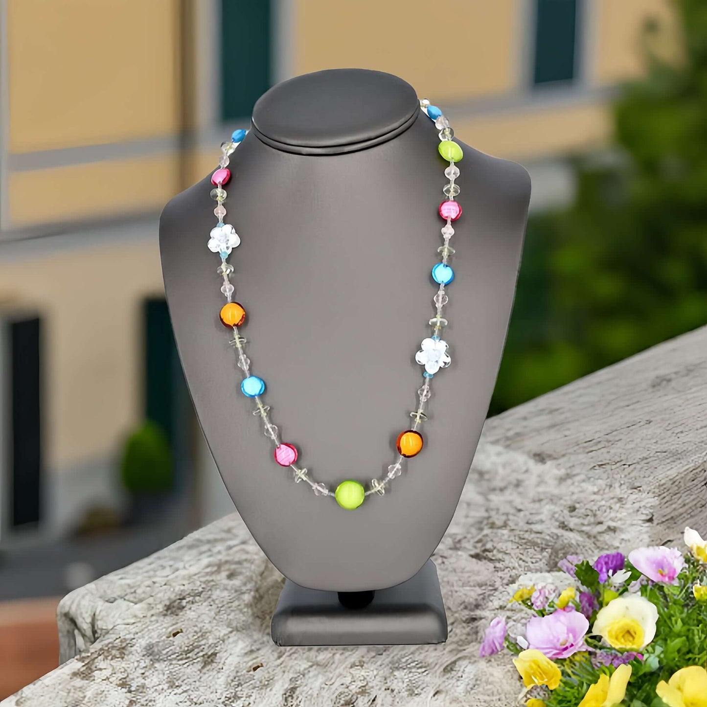 Multi-Color Floral Italian Bead Necklace with Rose Quartz and Green Amethyst  