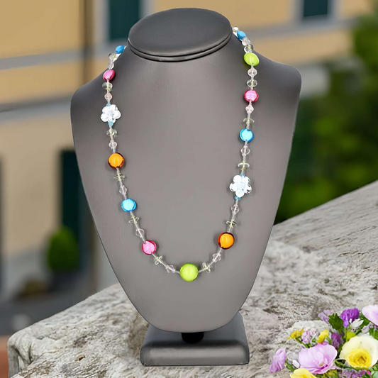 Multi-Color Floral Italian Bead Necklace with Rose Quartz and Green Amethyst  