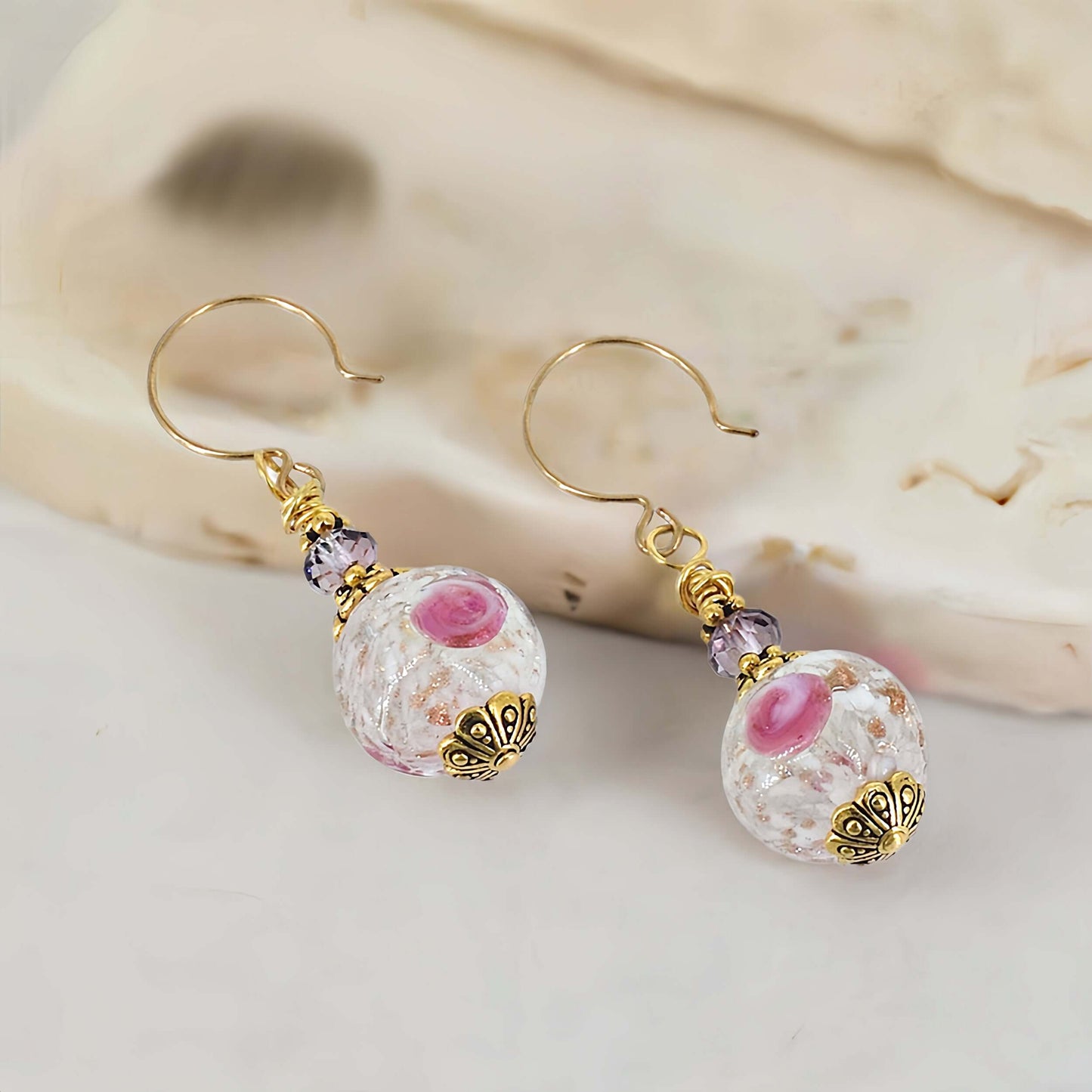 Pink Floral Italian Glass Earrings on Gold Filled Earring Wires with Genuine Austrian Crystals  