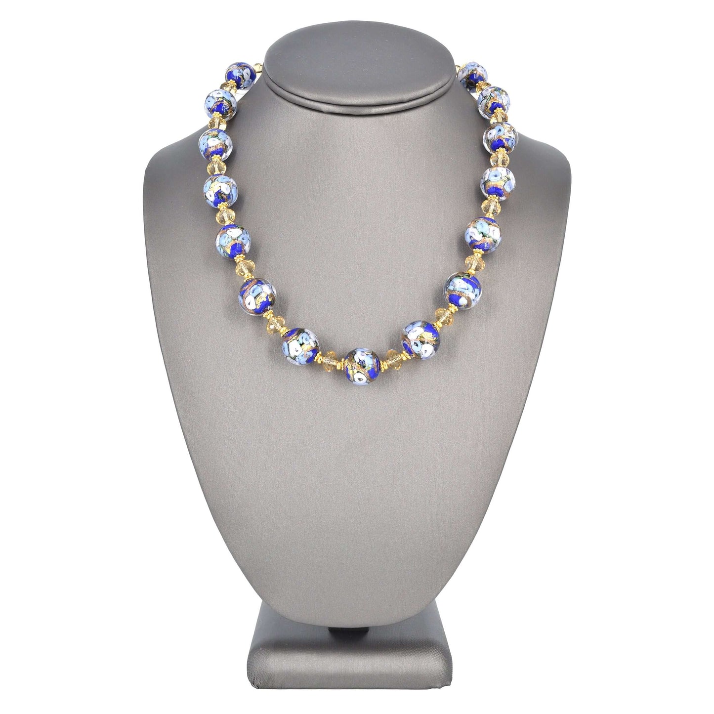 Blue Floral Italian Glass Beaded Necklace with Golden Austrian Crystals  