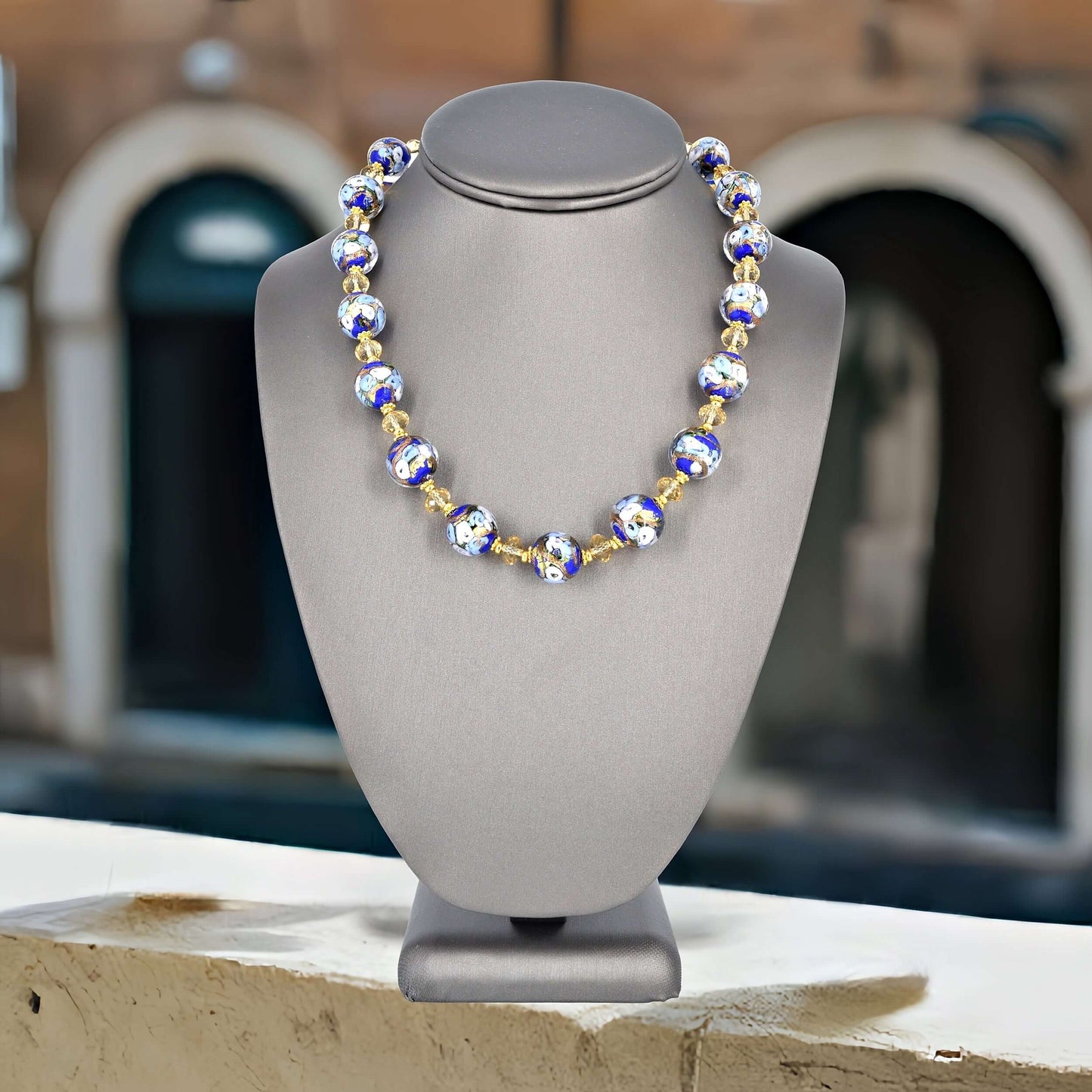 Blue Floral Italian Glass Beaded Necklace with Golden Austrian Crystals  