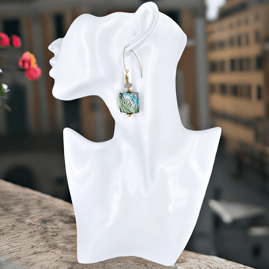 Green and Blue Large Square Murano Glass Bead Earrings with Austrian Crystals on Gold Filled Earring Wires  