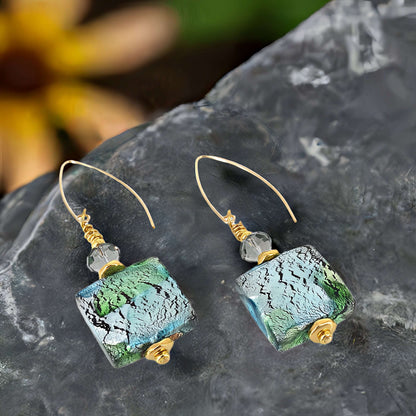 Green and Blue Large Square Murano Glass Bead Earrings with Austrian Crystals on Gold Filled Earring Wires  