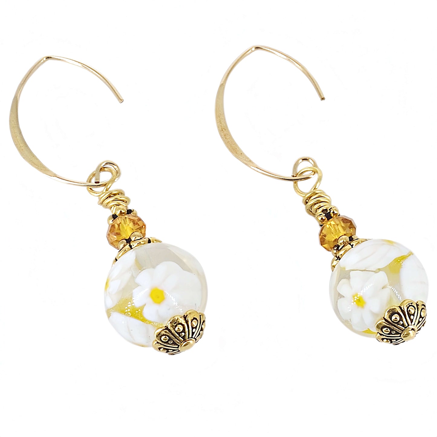 White and Yellow Floral Murano Glass Beaded Earrings with Orange Austrian Crystals on Gold-Filled Earring Wires  