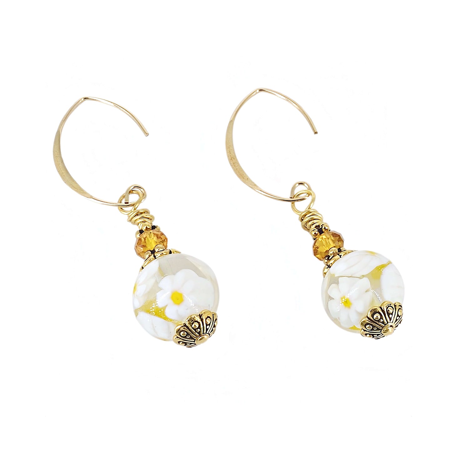 White and Yellow Floral Murano Glass Beaded Earrings with Orange Austrian Crystals on Gold-Filled Earring Wires  