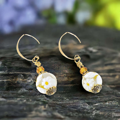 White and Yellow Floral Murano Glass Beaded Earrings with Orange Austrian Crystals on Gold-Filled Earring Wires  