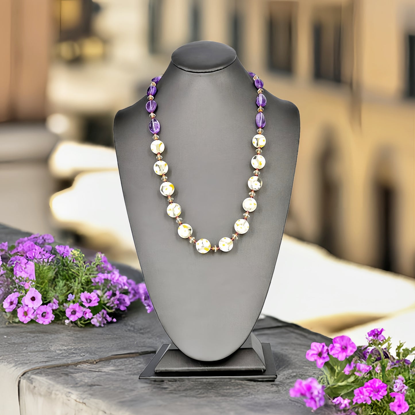 White Floral Beaded Amethyst Murano Glass Necklace With Citrine, Garnet & Green Amethyst - Sterling Silver Clasp  