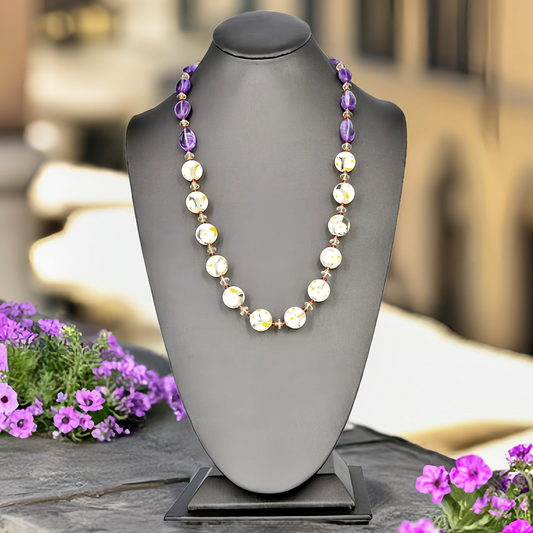 White Floral Beaded Amethyst Murano Glass Necklace With Citrine, Garnet & Green Amethyst - Sterling Silver Clasp  