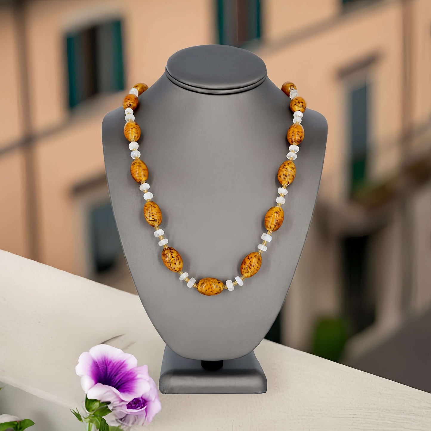 Oval Topaz Cloud Italian Bead Necklace with Citrine and Moonstone - Sterling Silver Clasp  