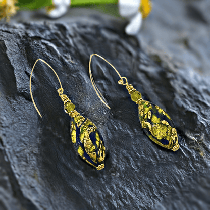 Long Green Oval Murano Glass Earrings with Austrian Crystal on Gold Filled Earwires  