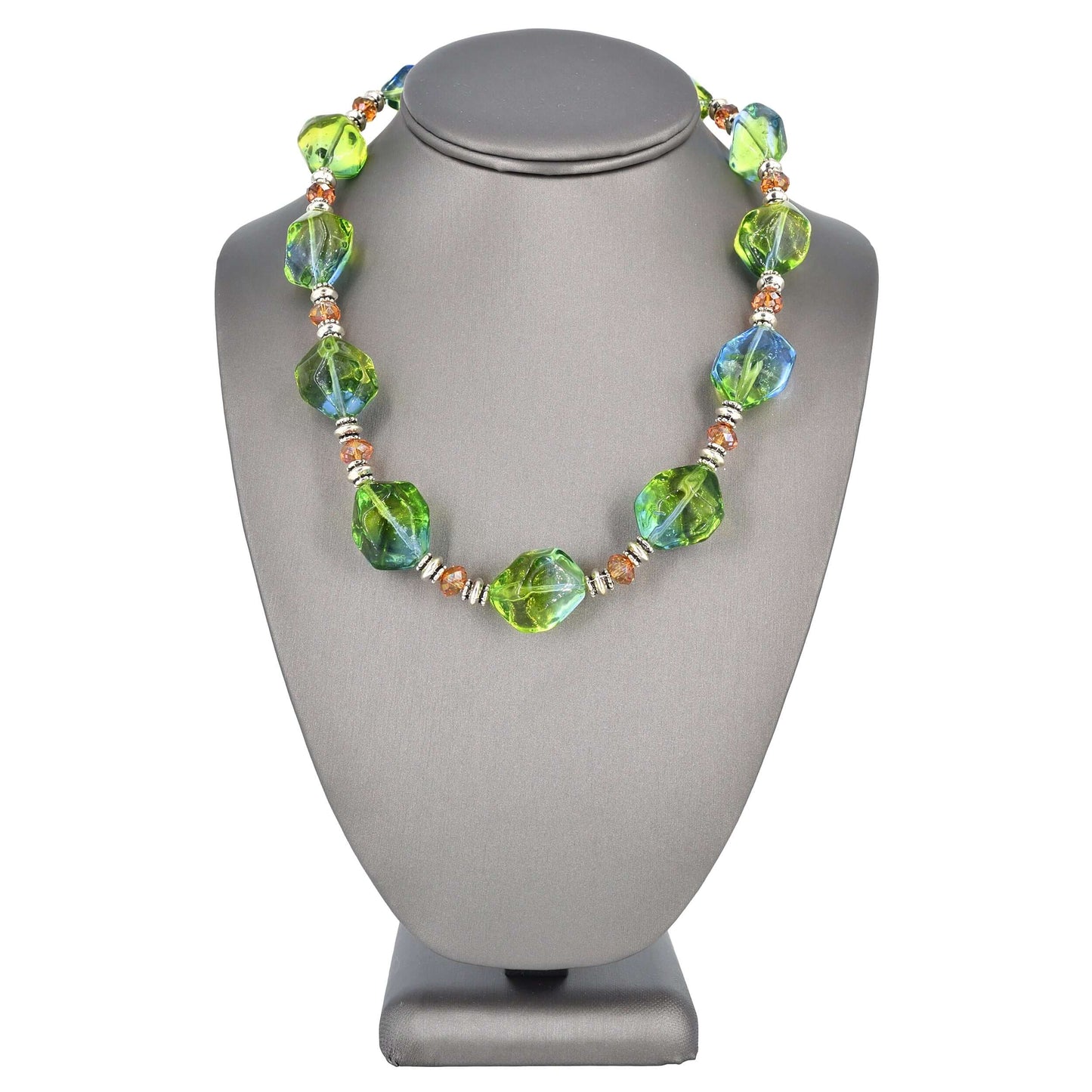 Bi-color Large Italian Blue and Green Bead Statement Necklace with Austrian Crystals and Sterling Silver Clasp  